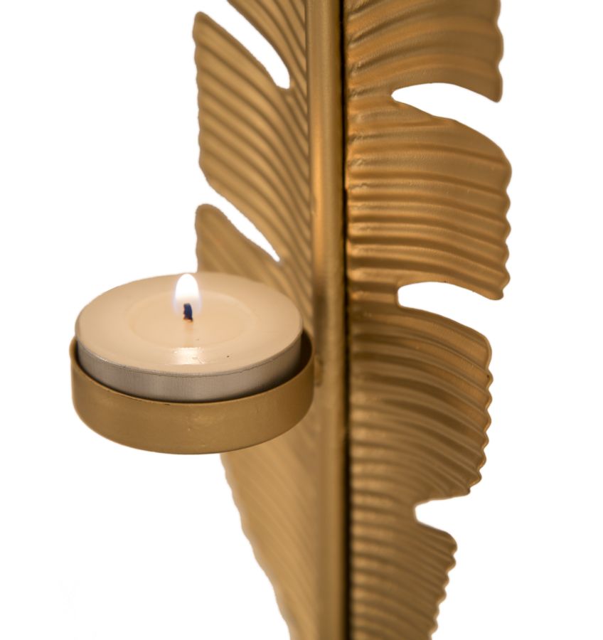 SCULTURA FOGLIA C/PORTA CANDELA GLAM CM 10X10X34