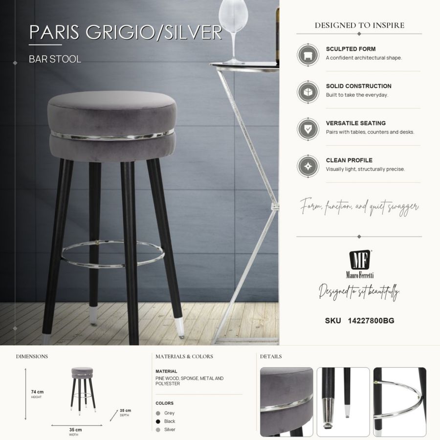 SGABELLO BAR PARIS GRIGIO/SILVER CM Ø 35X74