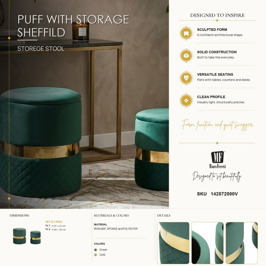 PUFF C/CONTENITORE SHEFFILD VERDE SET 2 PZ CM Ø 37X42-28X35