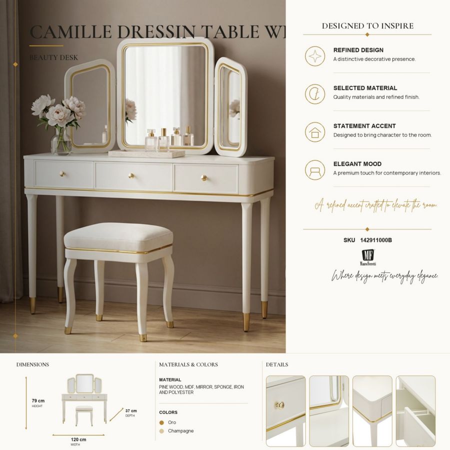 TOLETTA CAMILLE CON SPECCHIO E SGABELLO BIANCA CM 120X37X79-104X2,5X56-44X34X48