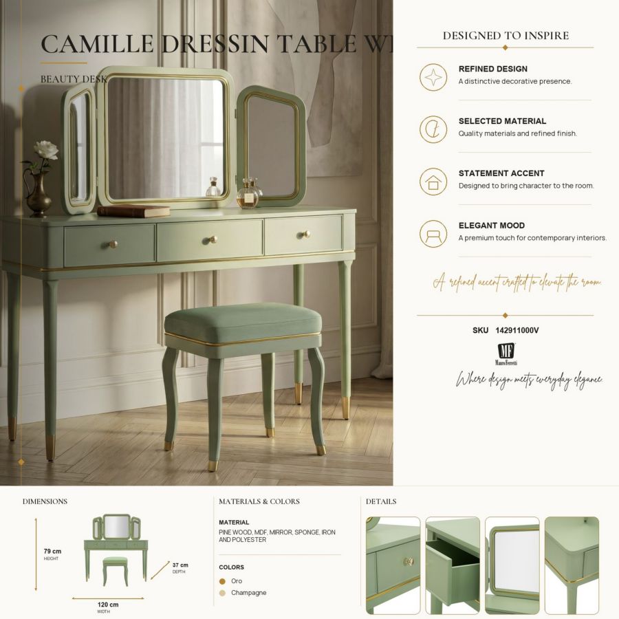 TOLETTA CAMILLE CON SPECCHIO E SGABELLO VERDE CM 120X37X79-104X2,5X56-44X34X48