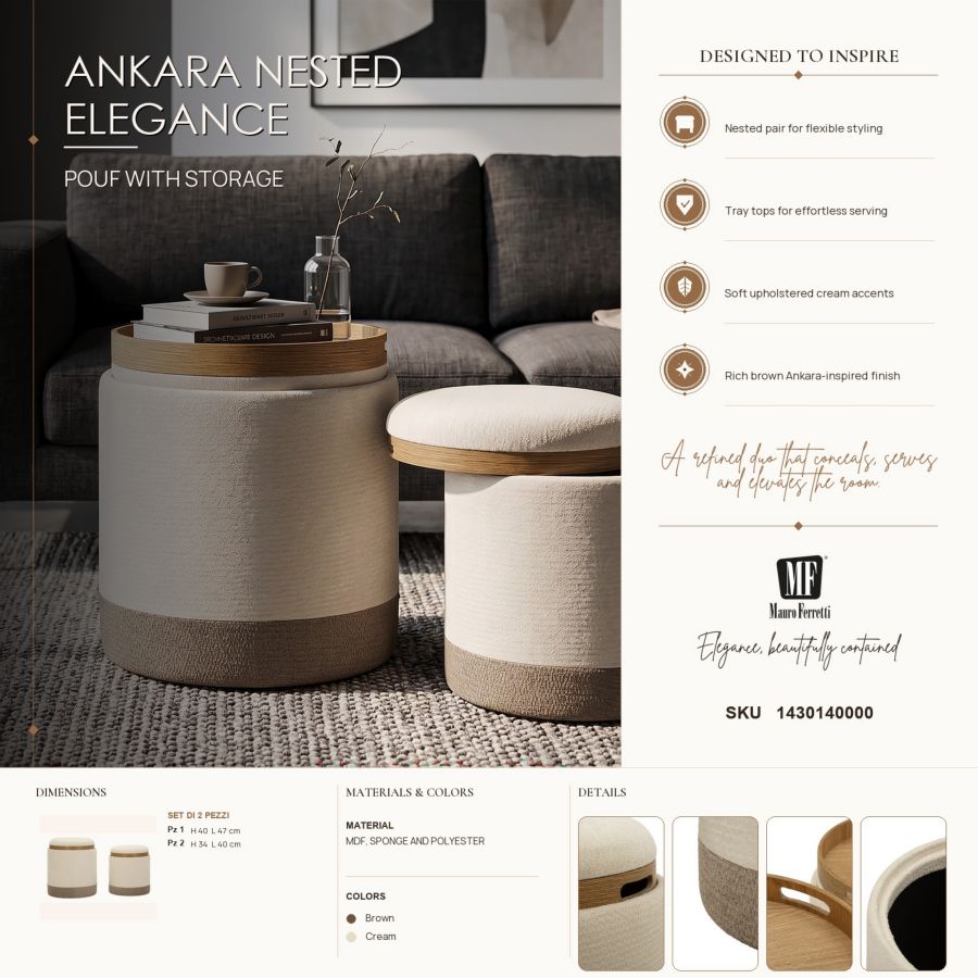 POUF C/CONTENITORE&VASSOIO ANKARA COPPIA CM Ø 40X47-34X40