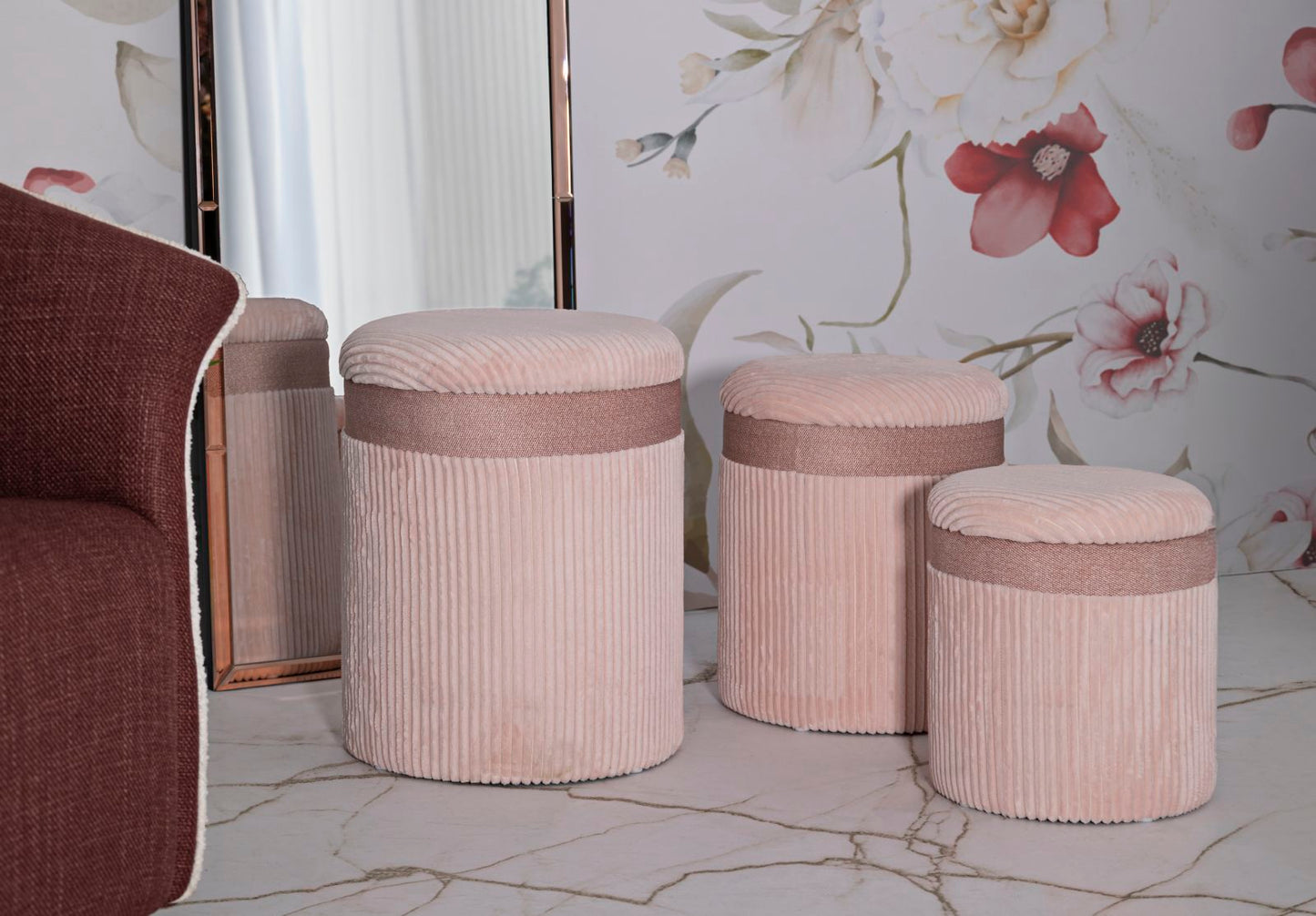 PUFF C/CONTENITORE CORTINA ROSA SET 3 PZ CM Ø 40,5X49,5-35X42-31X38