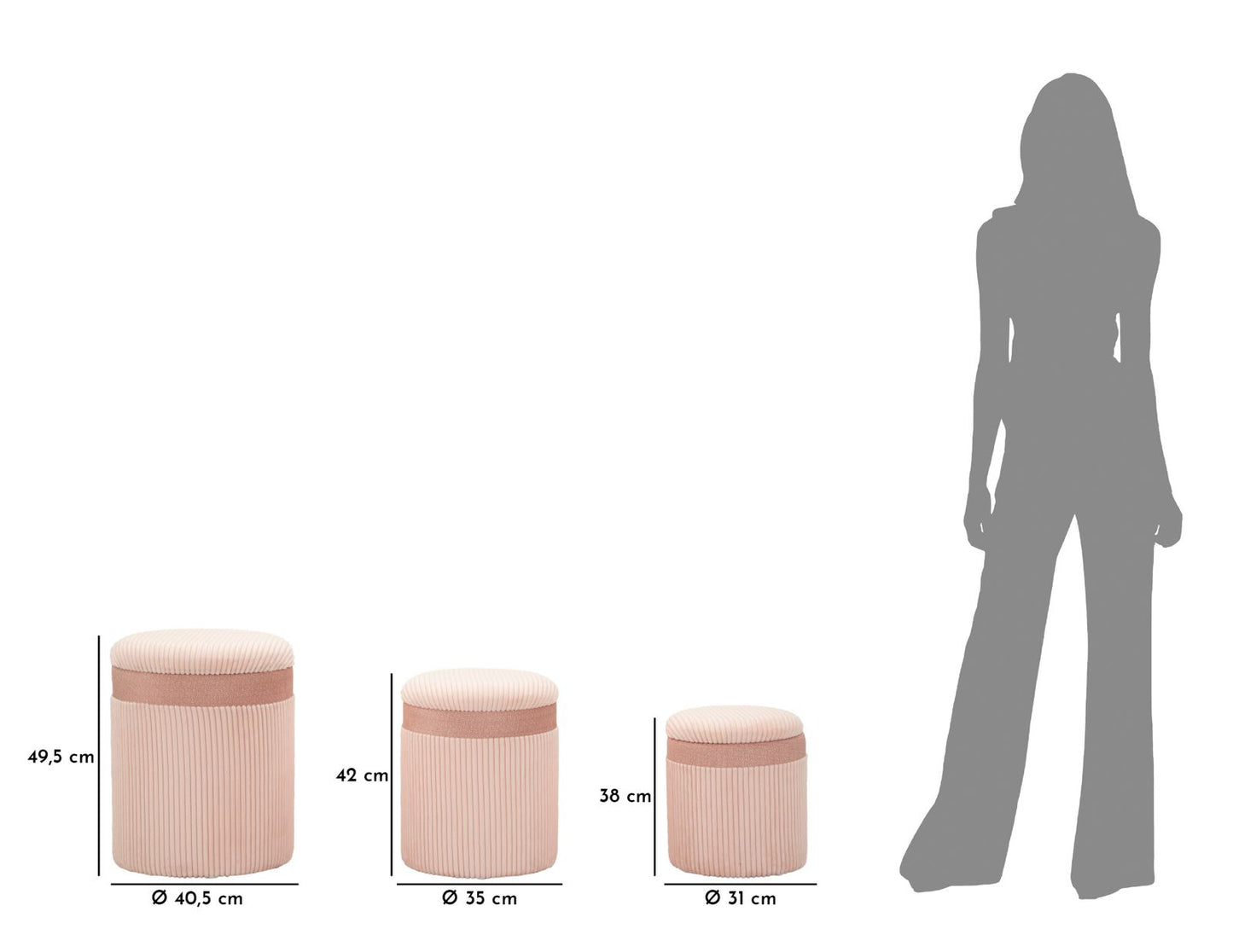 PUFF C/CONTENITORE CORTINA ROSA SET 3 PZ CM Ø 40,5X49,5-35X42-31X38
