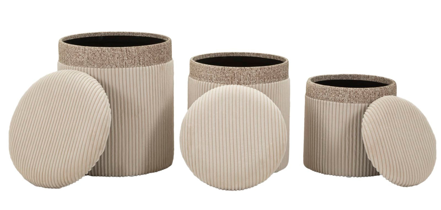 PUFF C/CONTENITORE CORTINA CREMA SET 3 PZ CM Ø 40,5X49,5-35X42-31X38