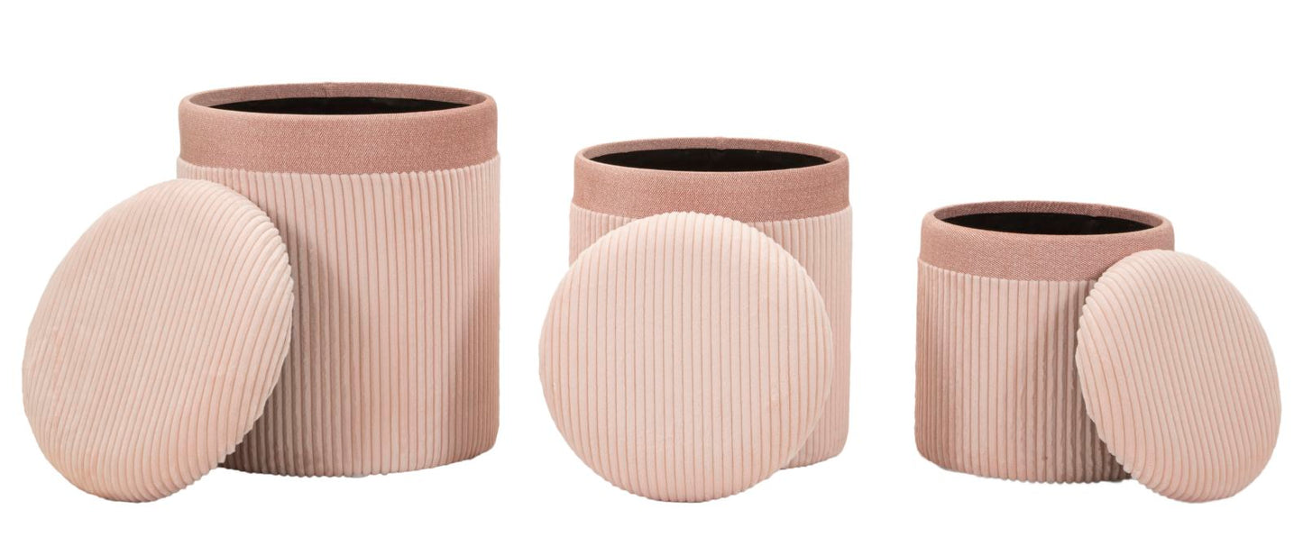 PUFF C/CONTENITORE CORTINA ROSA SET 3 PZ CM Ø 40,5X49,5-35X42-31X38
