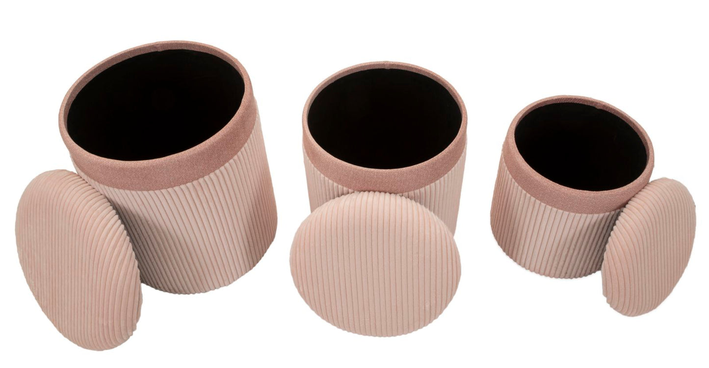 PUFF C/CONTENITORE CORTINA ROSA SET 3 PZ CM Ø 40,5X49,5-35X42-31X38