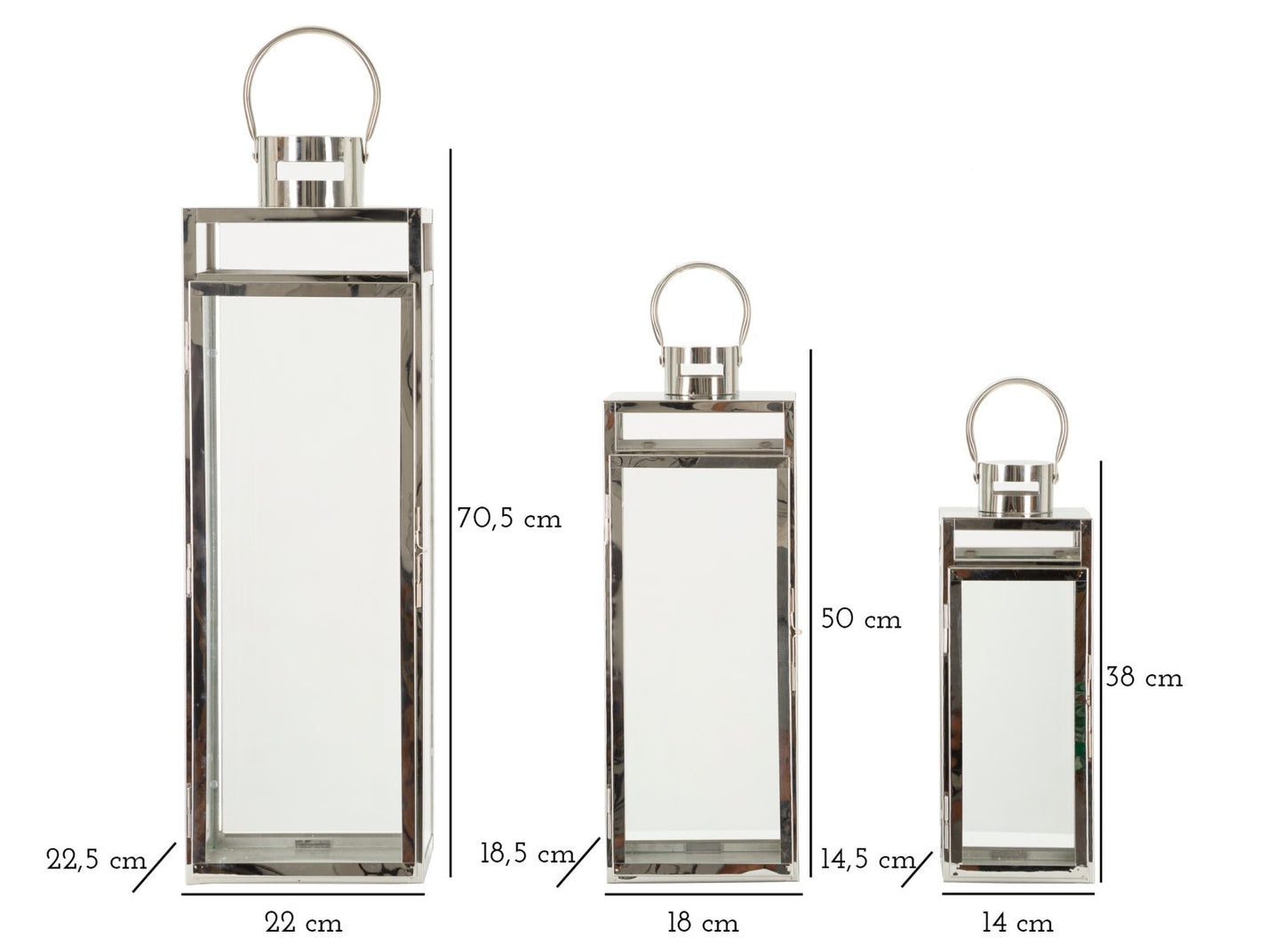 LANTERNE SILVER SET 3 PZ CM 22X22,5X70,5-18X18,5X50-14X14,5X38