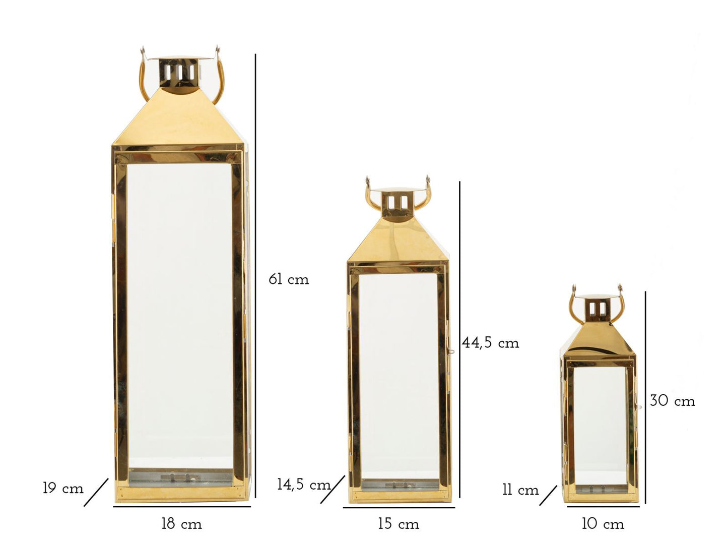 LANTERNE GOLD SET 3 PZ CM 18X19X61-15X14,5X44,5-11X10X30
