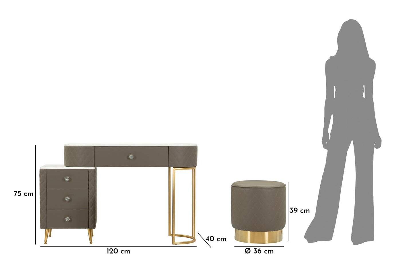 TOELETTA SHARON GRIGIA C/PUFF CM 120X40X75 (MISURA PUFF Ø36X39)