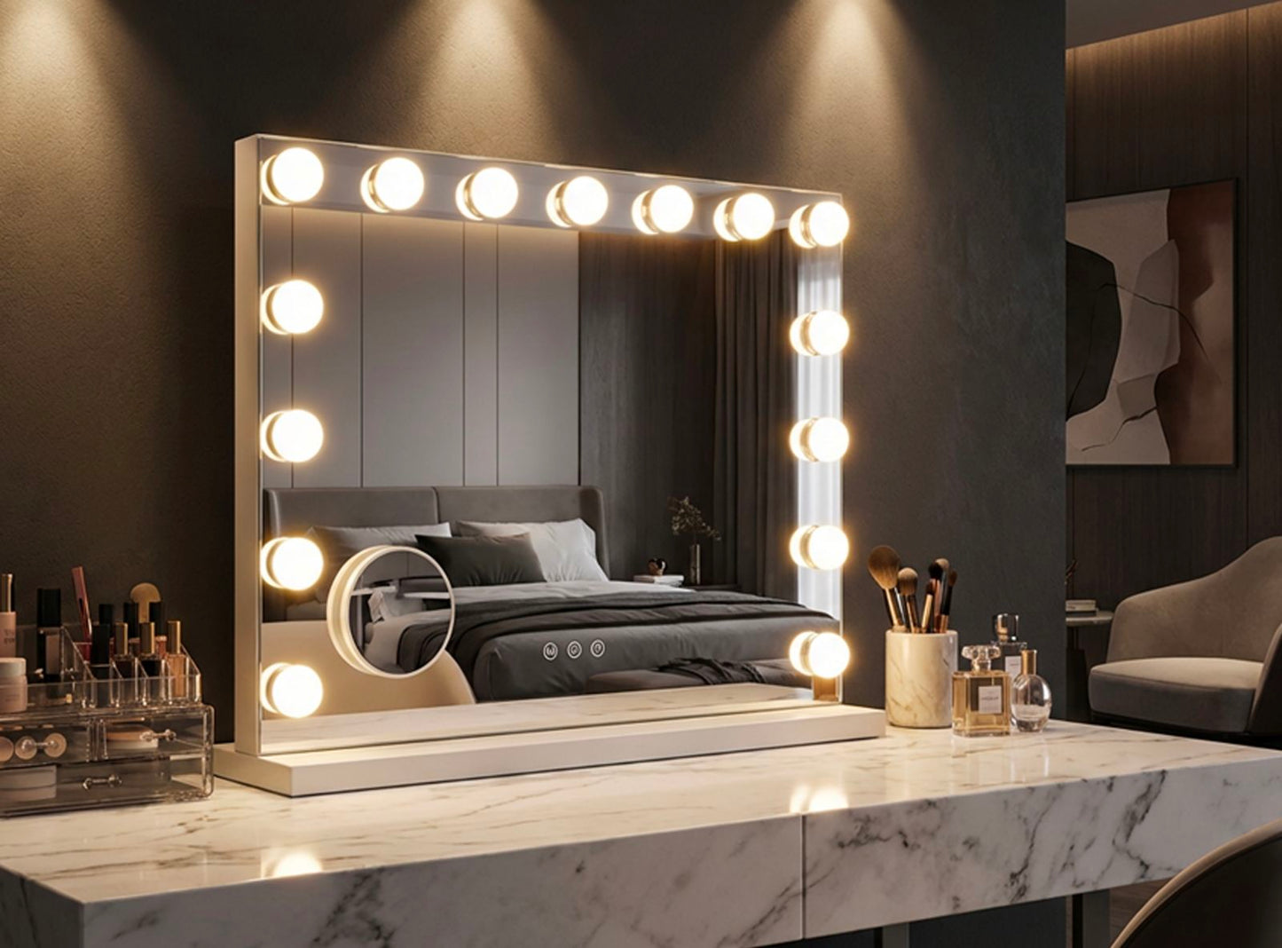 SPECCHIO DA TAVOLO HOLLYWOOD CM 55X14X43 (SPEC.ROT. CM Ø 9) (3TONALITA' DI LUCE)