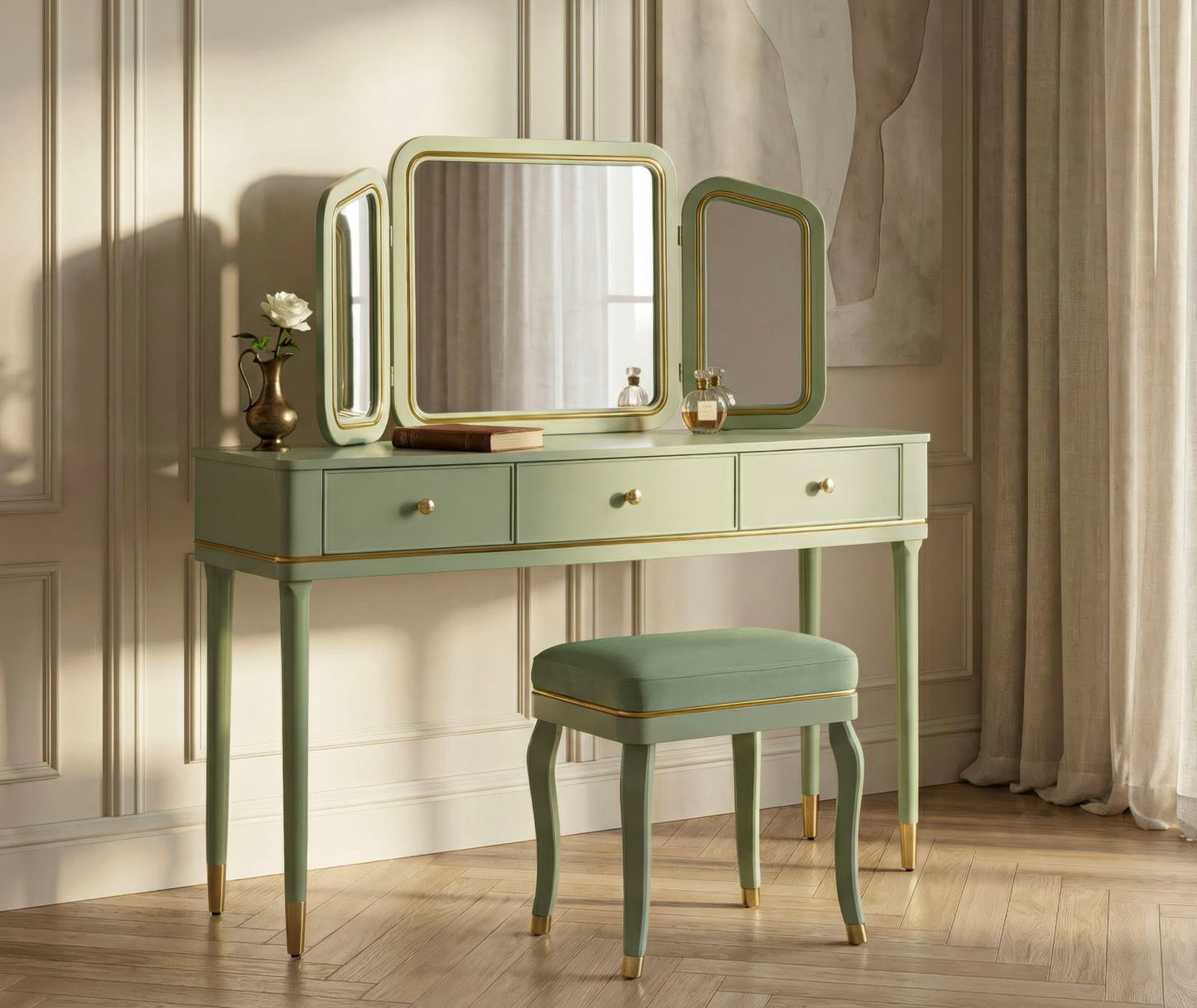 TOLETTA CAMILLE CON SPECCHIO E SGABELLO VERDE CM 120X37X79-104X2,5X56-44X34X48