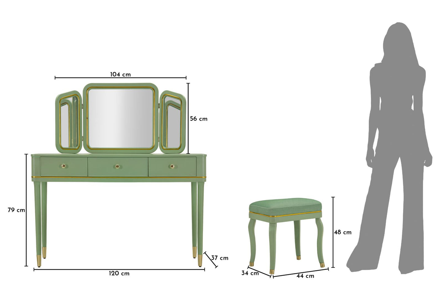 TOLETTA CAMILLE CON SPECCHIO E SGABELLO VERDE CM 120X37X79-104X2,5X56-44X34X48