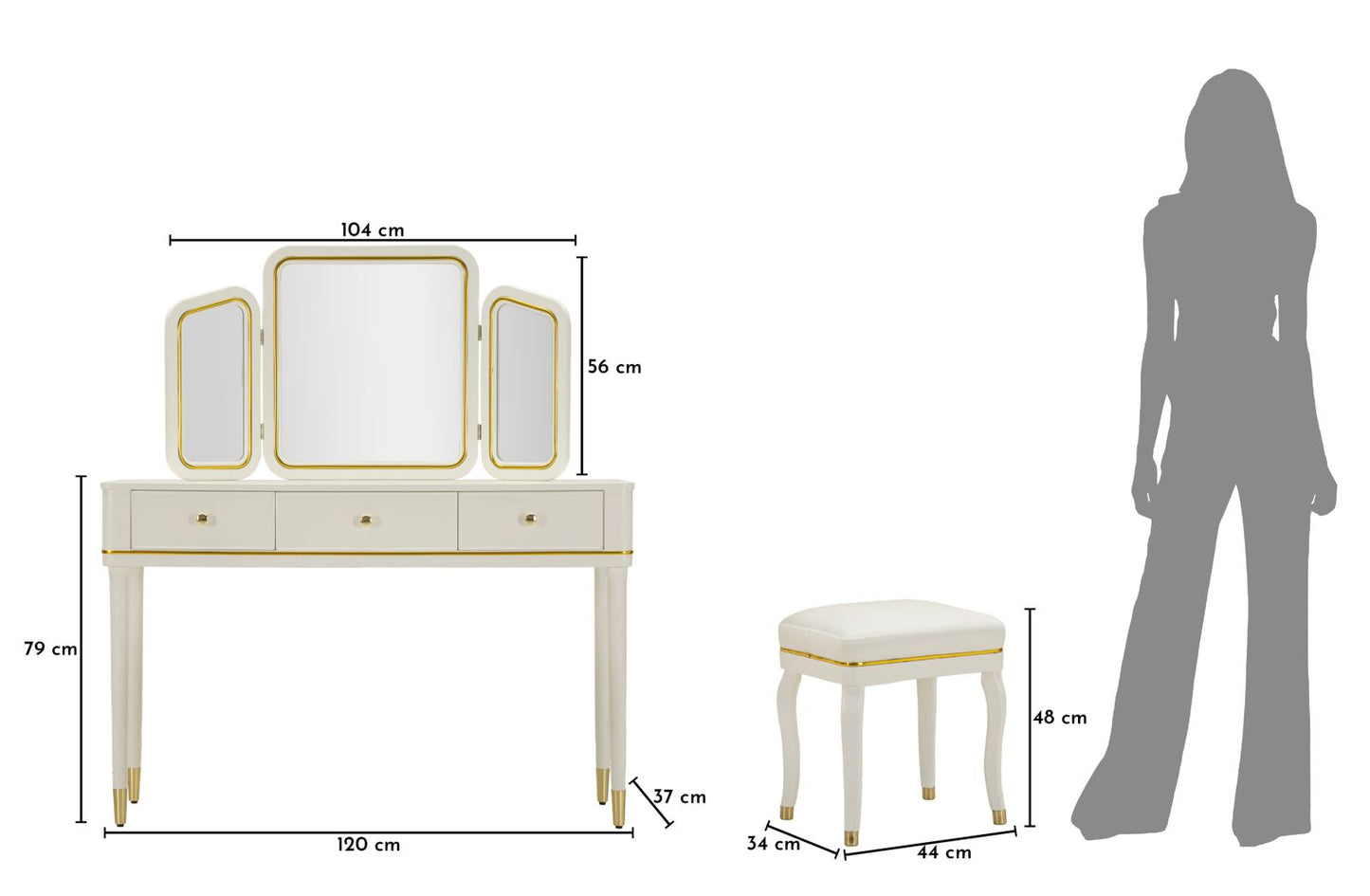 TOLETTA CAMILLE CON SPECCHIO E SGABELLO BIANCA CM 120X37X79-104X2,5X56-44X34X48