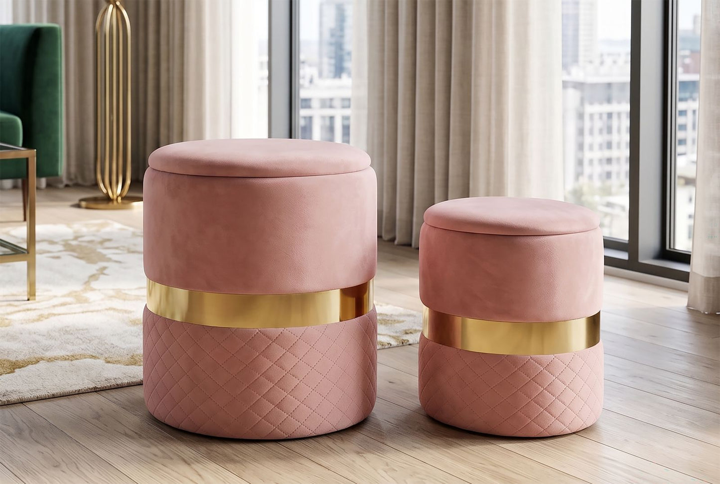 PUFF C/CONTENITORE SHEFFILD ROSA SET 2 PZ CM Ø 37X42-28X35
