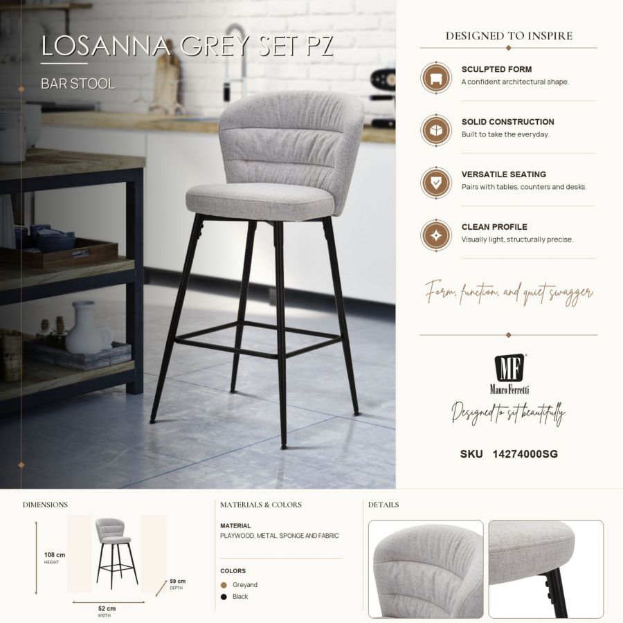 SGABELLO BAR LOSANNA GRIGIO SET 2 PZ CM 52X59X108