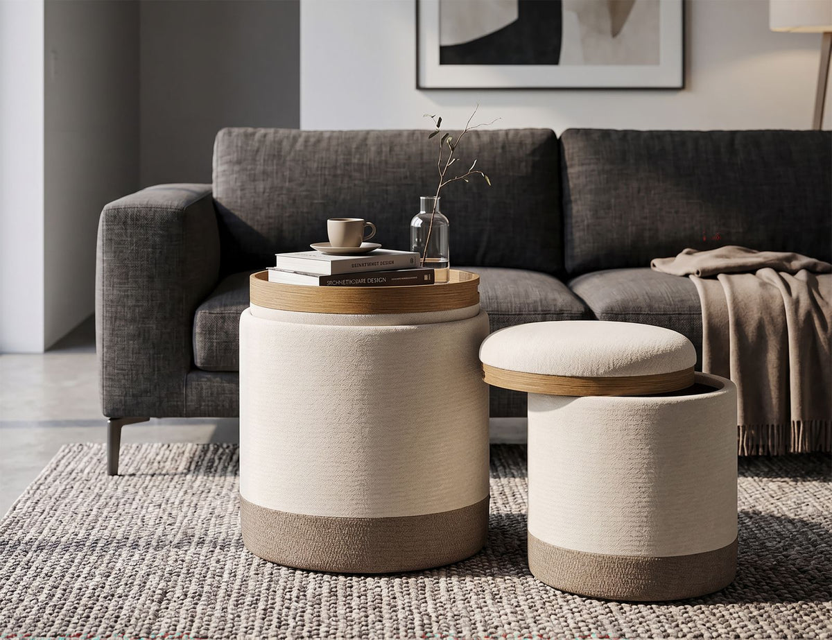 POUF C/CONTENITORE&VASSOIO ANKARA COPPIA CM Ø 40X47-34X40