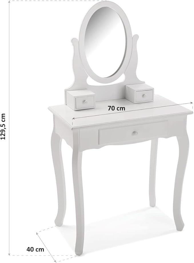 Versa Kate Tavolo Cosmetici Vanity con Specchio e cassetti, Tavolino da Trucco, 129,5 x 40 x 70 cm, Legno e Specchio, Colore Bianco