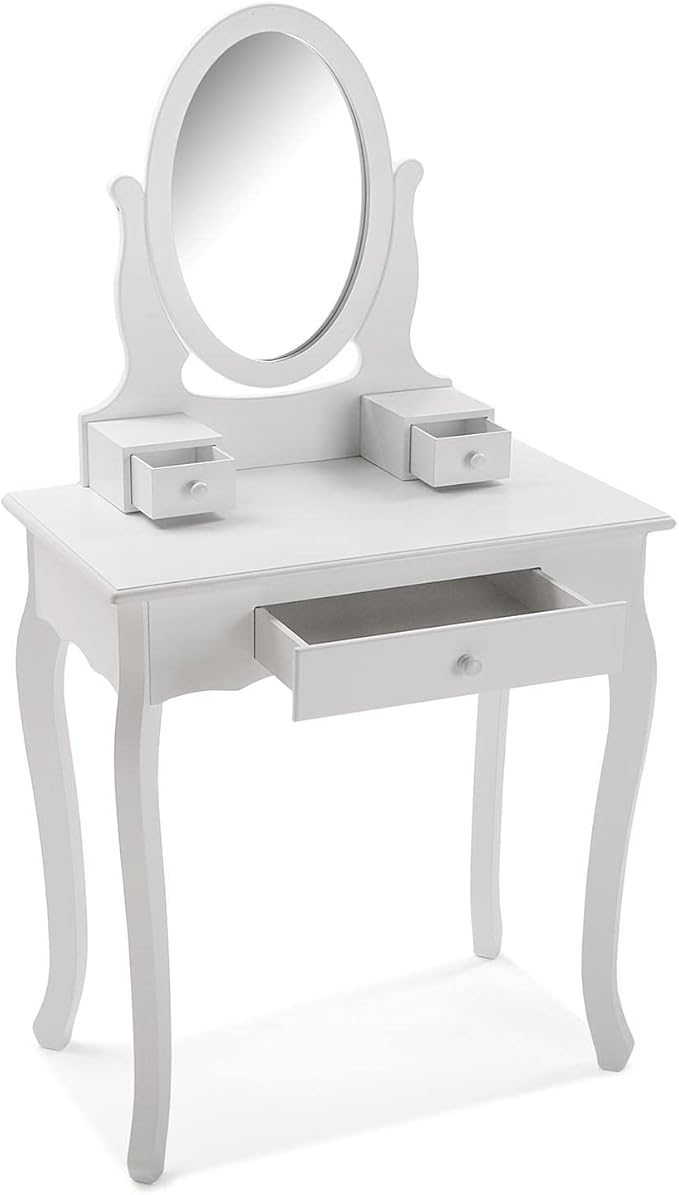 Versa Kate Tavolo Cosmetici Vanity con Specchio e cassetti, Tavolino da Trucco, 129,5 x 40 x 70 cm, Legno e Specchio, Colore Bianco
