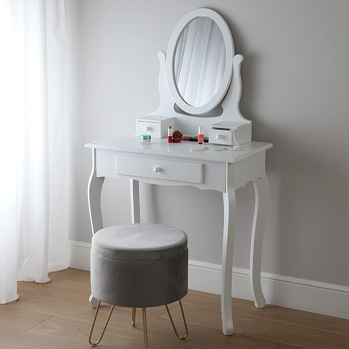 Versa Kate Tavolo Cosmetici Vanity con Specchio e cassetti, Tavolino da Trucco, 129,5 x 40 x 70 cm, Legno e Specchio, Colore Bianco