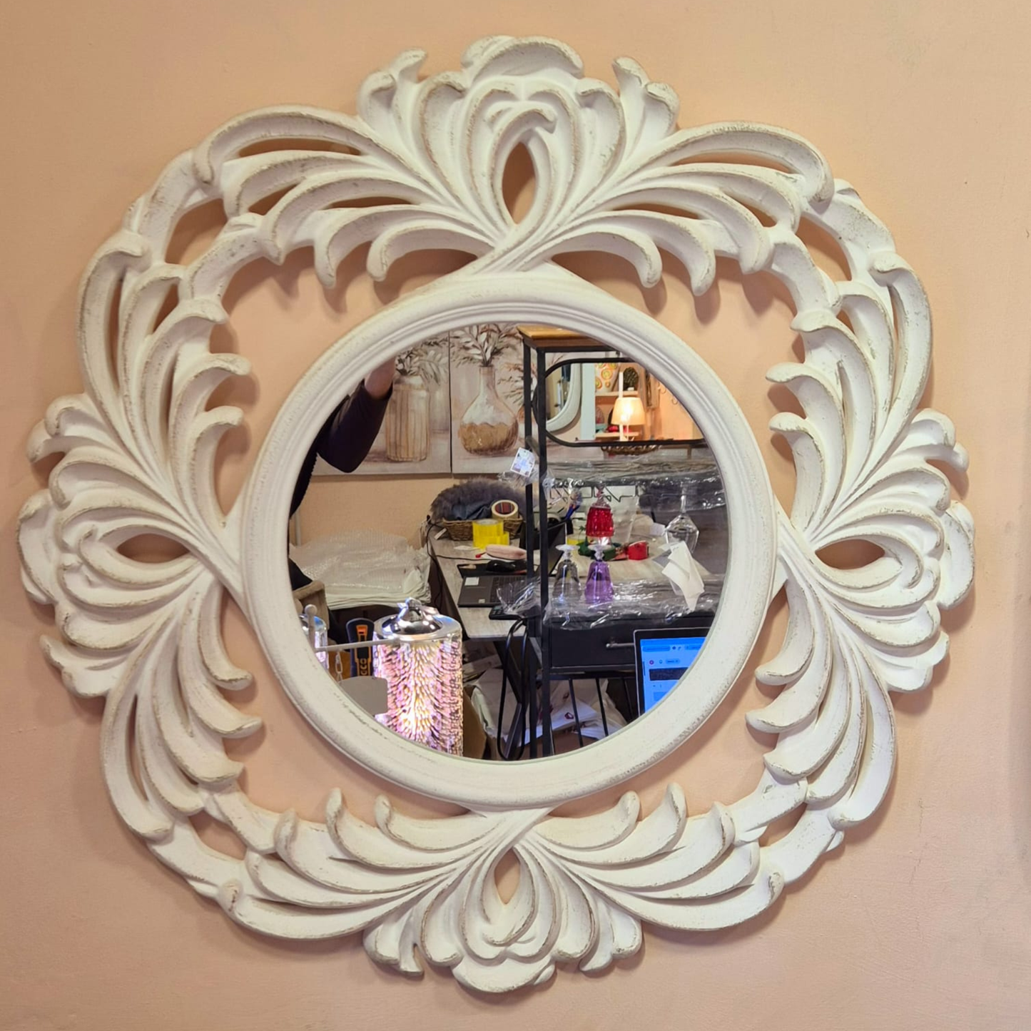 Specchio Tondo con Cornice Intarsiata in Legno Shabby