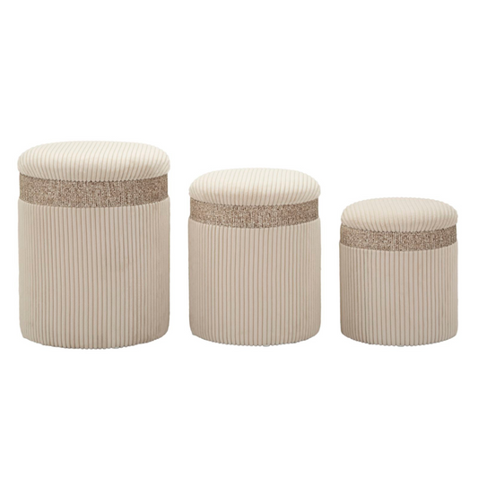 PUFF C/CONTENITORE CORTINA CREMA SET 3 PZ CM Ø 40,5X49,5-35X42-31X38