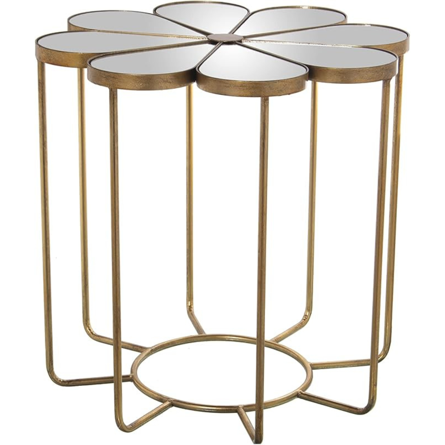 Tavolinetto a Forma di Fiore in Metallo e Specchio Dorato 63 x 61 cm