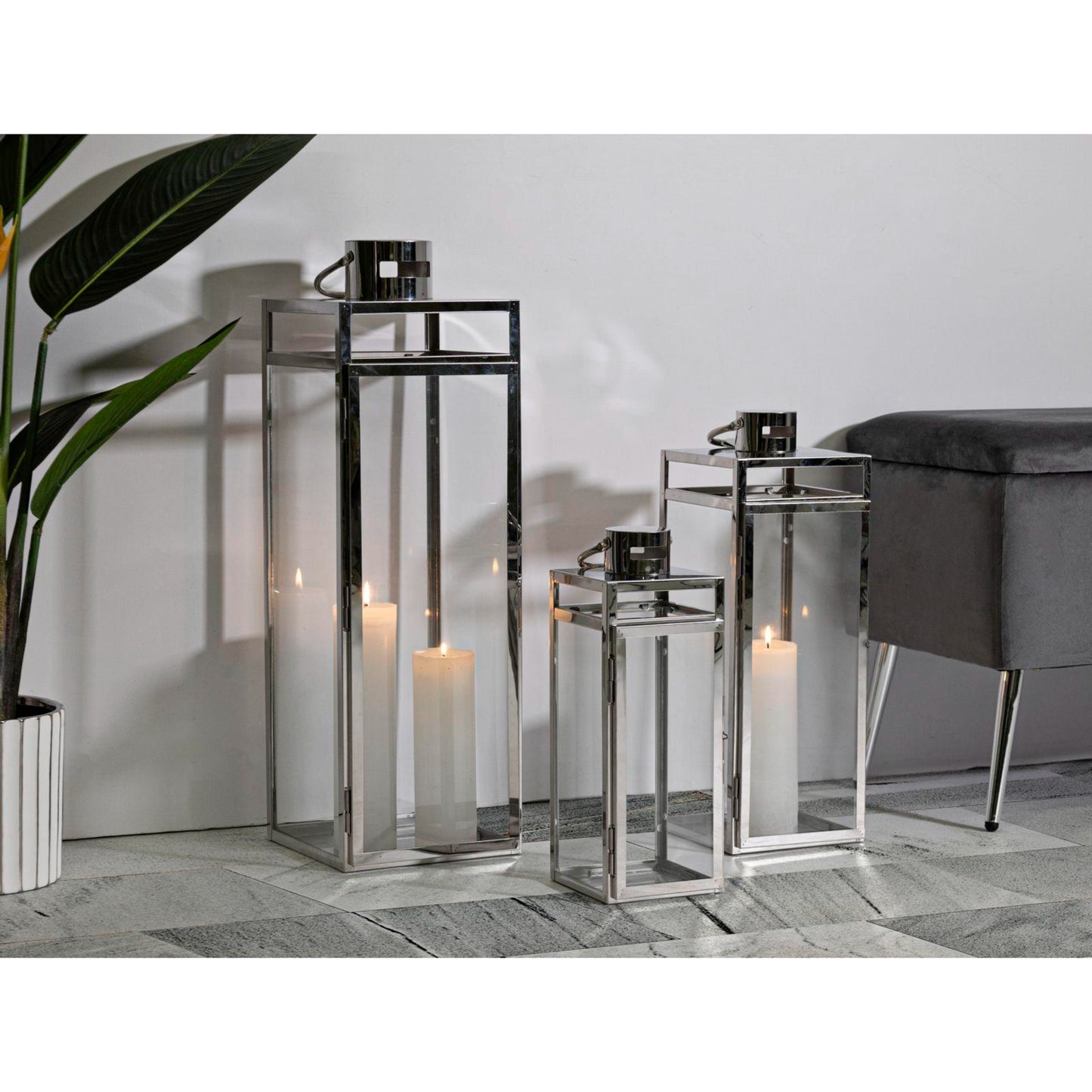 LANTERNE SILVER SET 3 PZ CM 22X22,5X70,5-18X18,5X50-14X14,5X38
