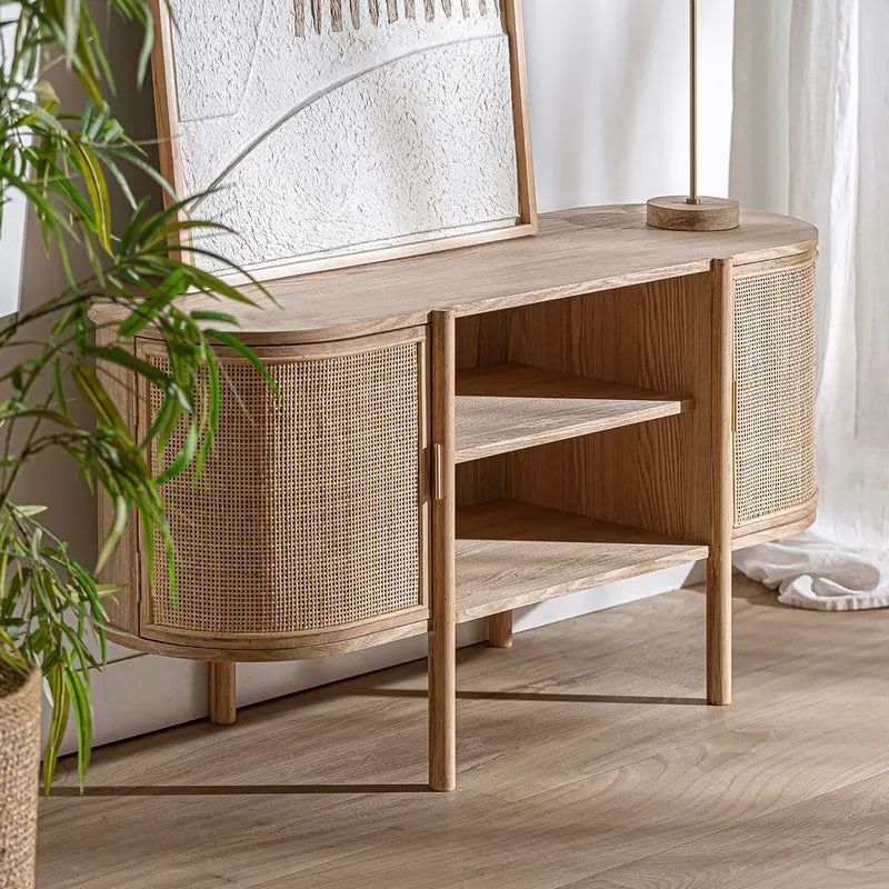 Mobile TV in frassino e rattan in colore naturale, 120 x 43 x 60 cm